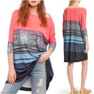 Free People Steppin Out Coral Boho Paisley Stripe 3/4 Sleeve Tunic Dress Size M